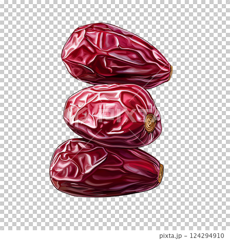 Three vibrant red dates stacked elegantly on a reflective surface. 124294910