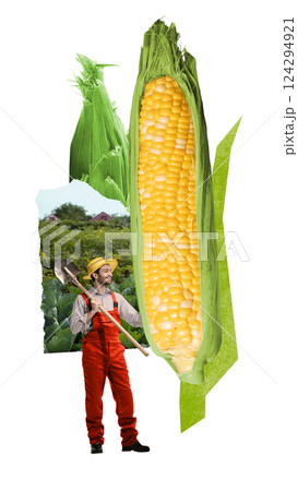 Gardener man holding shovel standing beside oversized corn cob in green garden. Contemporary collage. Gardener man holding shovel standing beside oversized corn cob in green garden. Contemporary collage. 124294921