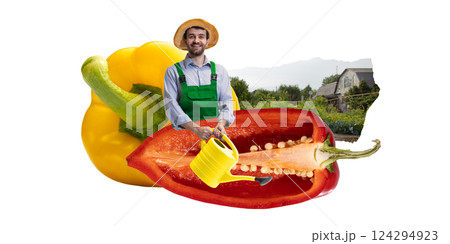 Man with watering can standing beside giant bell peppers and vegetable garden. Surreal collage. Man with watering can standing beside giant bell peppers and vegetable garden. Surreal collage. 124294923