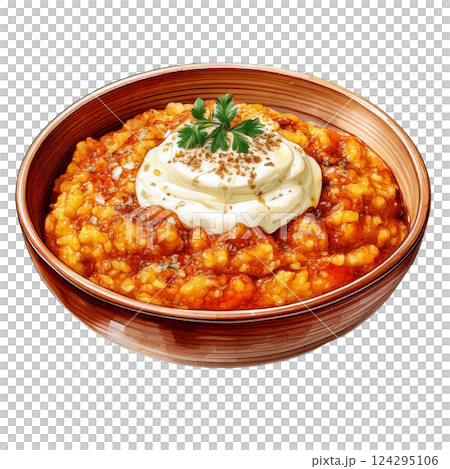 Delicious bowl of creamy tomato soup topped with herbs. watercolor food clipart 124295106