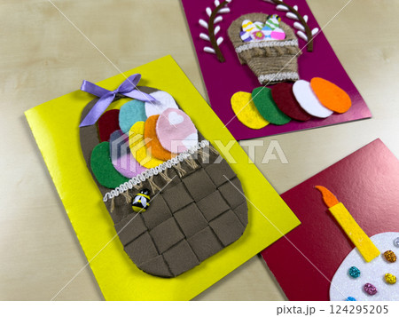 Creative handmade Easter card collection with colorful baskets 124295205