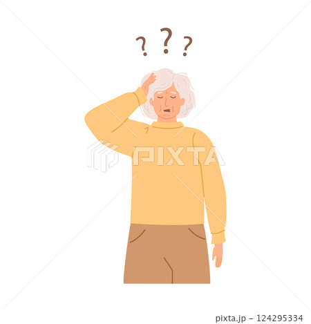 Senior woman suffering from brain fog and cognitive dysfunction. Neurological disorder concept. Confused elderly woman with dementia symptoms. Alzheimer disease. Vector isolated illustration on white. 124295334