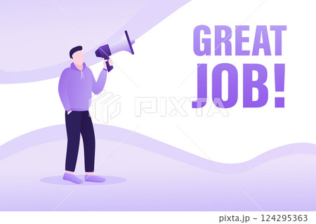 Template with great job man holding megaphone on white background for flyer design. Vector illustration in flat style. Template with great job man holding megaphone on white background for flyer design. Vector illustration in flat style. 124295363