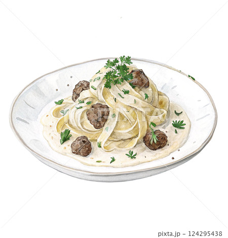 Delicious pasta with meatballs in creamy sauce, garnished with herbs. Watercolor clipart 124295438