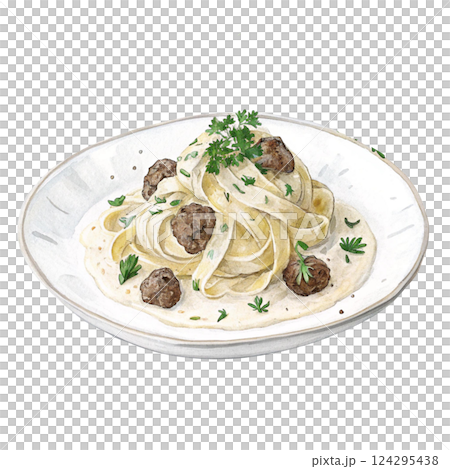 Delicious pasta with meatballs in creamy sauce, garnished with herbs. Watercolor clipart 124295438
