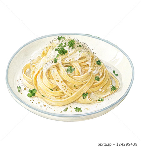 Delicious plate of creamy pasta topped with herbs and cheese. Watercolor clipart 124295439