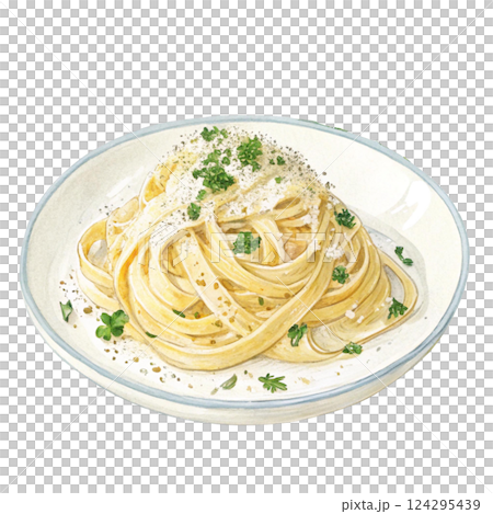 Delicious plate of creamy pasta topped with herbs and cheese. Watercolor clipart 124295439