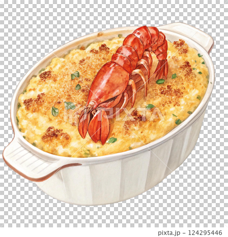 Delicious seafood casserole topped with crispy breadcrumbs. Watercolor clipart 124295446