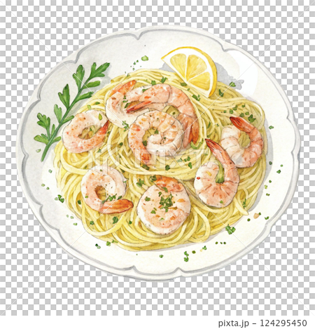 Delicious shrimp pasta garnished with herbs and lemon slices. Watercolor clipart 124295450