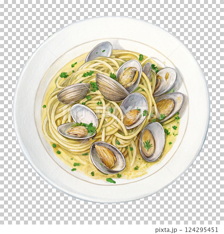 Delicious spaghetti with fresh clams garnished with herbs. Watercolor clipart 124295451