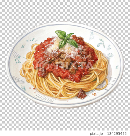 Delicious spaghetti with rich tomato sauce and basil garnish. Watercolor clipart 124295453