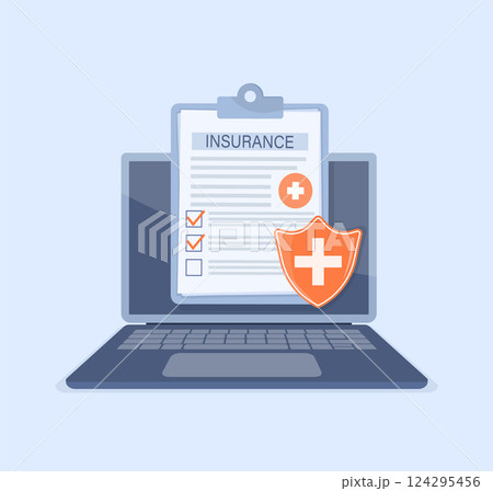 Vector illustration with health insurance concept. Big clipboard with doctor and woman. Healthcare, finance and medical service. Vector illustration in flat style. 124295456