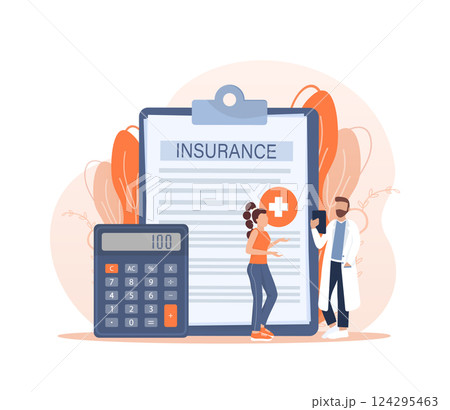 Vector illustration with health insurance concept. Big clipboard with doctor and woman. Healthcare, finance and medical service. Vector illustration in flat style. Vector illustration with health insurance concept. Big clipboard with doctor and woman. Healthcare, finance and medical service. Vector illustration in flat style. 124295463