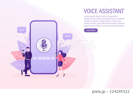 Concept vector illustration of young people with voice assistant, speaker recognition, voice controlled smart speaker. Concept vector illustration of young people with voice assistant, speaker recognition, voice controlled smart speaker. 124295522