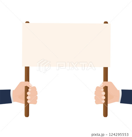 Hands with empty placard. Flat character. Vector flat design. Poster banner design. Female hand. Game sign. Hands with empty placard. Flat character. Vector flat design. Poster banner design. Female hand. Game sign. 124295553