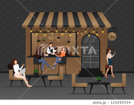 Flat vector illustration. Cozy room interior. Interior design. Cartoon people vector illustration. Flat vector illustration. Cozy room interior. Interior design. Cartoon people vector illustration. 124295554