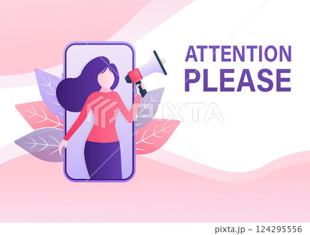 Flat illustration with attention people for concept design. Woman shout at the megaphone. Pay attention concept. Flat illustration. Vector illustration. 124295556