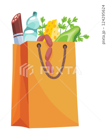 Paper shopping bag products grocery. Different food and beverage products, grocery shopping. Grocery supermarket. Fresh organic food and drinks. Grocery delivery concept 124295624