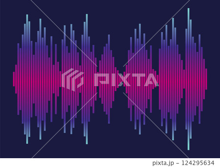 Sound waves equalizer. Frequency audio waveform, music wave or voice graph signal in HUD style. Abstract sound wave stripe lines. Volume level symbol. Vector cartoon illustration 124295634