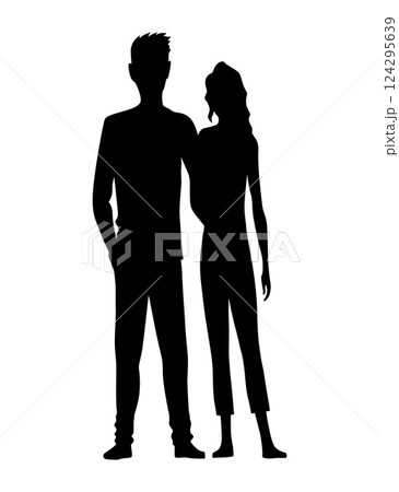 Couples in love silhouette. Man and woman standing together. Romantic black silhouette of loving pair boy and girl. Vector illustration 124295639