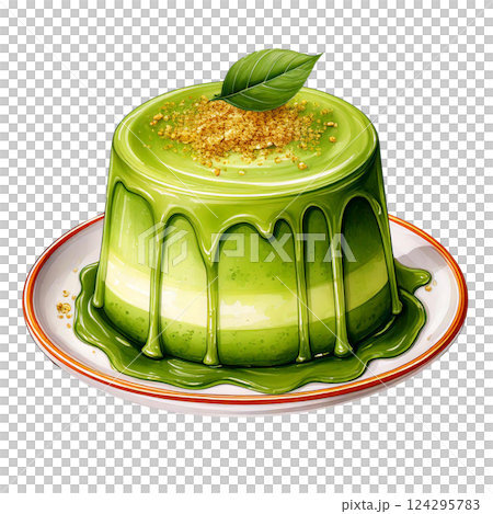 Delicious green jelly dessert with a glossy finish and garnish. watercolor clipart. 124295783