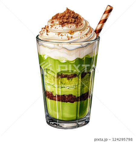 Delicious layered dessert drink with chocolate and matcha flavors. watercolor clipart. 124295798