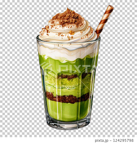 Delicious layered dessert drink with chocolate and matcha flavors. watercolor clipart. 124295798
