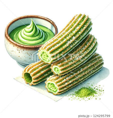 Delicious matcha churros served with green tea dip. watercolor clipart. Delicious matcha churros served with green tea dip. watercolor clipart. 124295799
