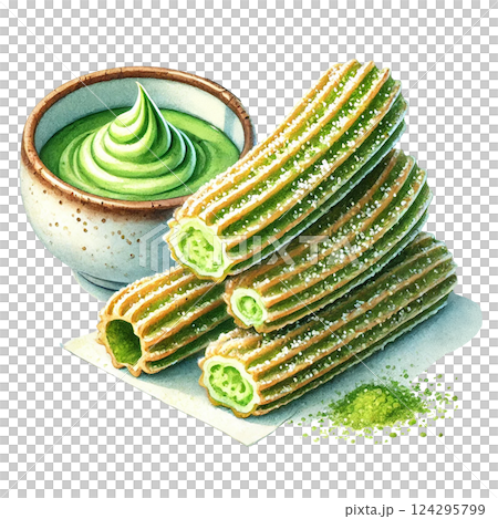 Delicious matcha churros served with green tea dip. watercolor clipart. Delicious matcha churros served with green tea dip. watercolor clipart. 124295799