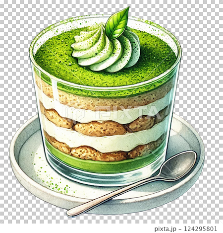 Delicious matcha dessert with layers of cream and sponge. watercolor clipart. 124295801