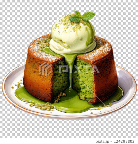 Delicious matcha lava cake with melting ice cream on top. watercolor clipart. 124295802