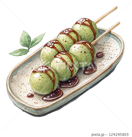 Delicious matcha mochi dessert served on a ceramic plate. watercolor clipart. 124295803