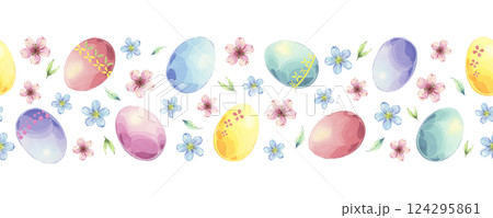 Watercolor seamless Easter border with colorful eggs and flowers on a white background Watercolor seamless Easter border with colorful eggs and flowers on a white background 124295861