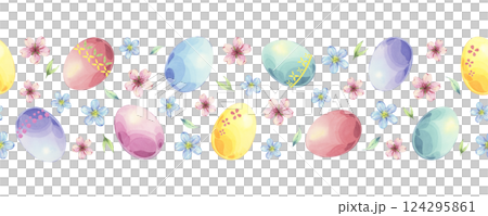Watercolor seamless Easter border with colorful eggs and flowers on a white background Watercolor seamless Easter border with colorful eggs and flowers on a white background 124295861