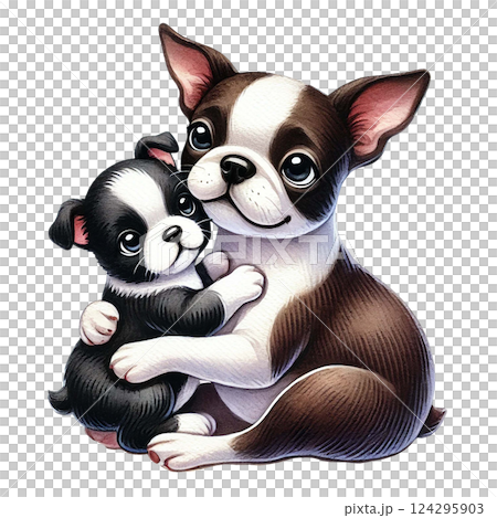 A cute illustration of a dog hugging a puppy with big, expressive eyes. Animal cartoon. A cute illustration of a dog hugging a puppy with big, expressive eyes. Animal cartoon. 124295903