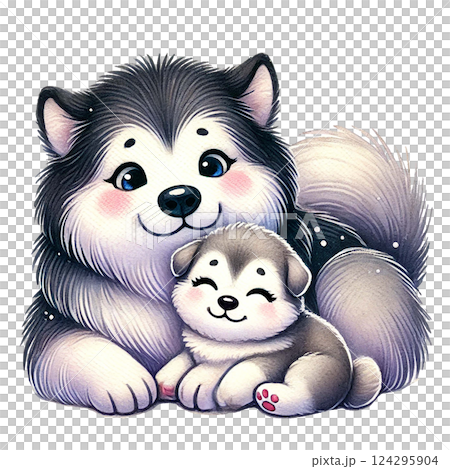 A cute illustration of a mother and puppy dog cuddling together. Animal cartoon. A cute illustration of a mother and puppy dog cuddling together. Animal cartoon. 124295904