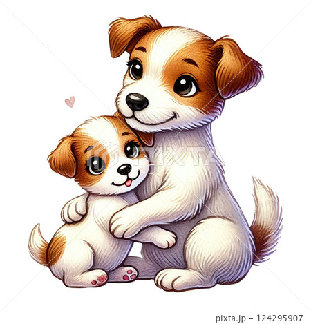 A cute illustration of a mother dog hugging her puppy. Animal cartoon. 124295907