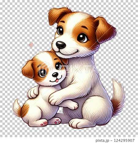A cute illustration of a mother dog hugging her puppy. Animal cartoon. 124295907