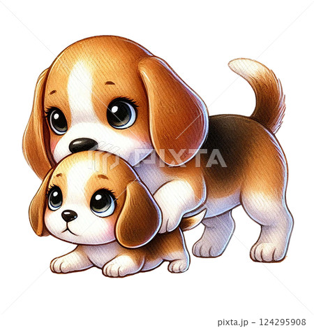 A cute illustration of two playful beagle puppies together. Animal cartoon. 124295908