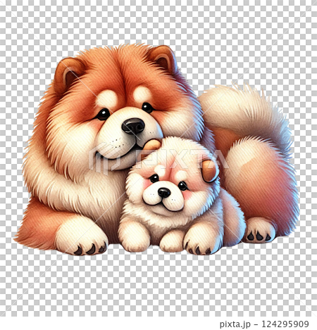 A fluffy dog and puppy cuddling together in a warm embrace. Animal cartoon. 124295909