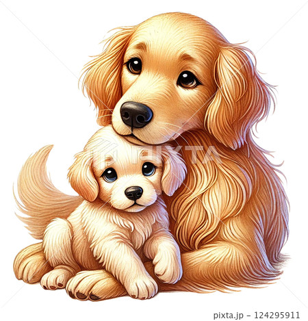 A golden retriever mother cuddling her cute puppy. Animal cartoon. 124295911