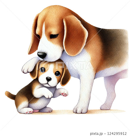 A heartwarming illustration of a beagle mother with her puppy. Animal cartoon. 124295912