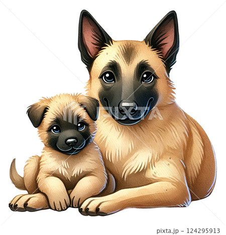 A heartwarming illustration of a dog and its puppy together. Animal cartoon. 124295913