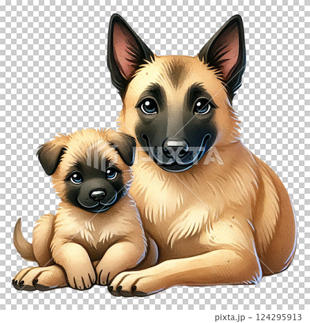 A heartwarming illustration of a dog and its puppy together. Animal cartoon. 124295913