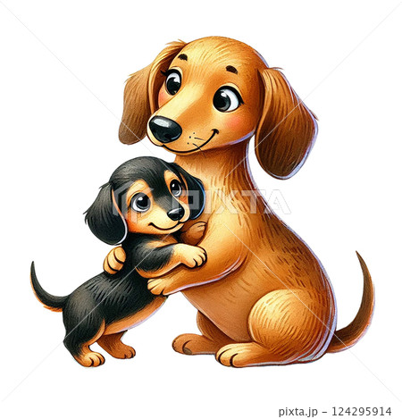 A heartwarming illustration of a mother dog and her puppy. Animal cartoon. 124295914