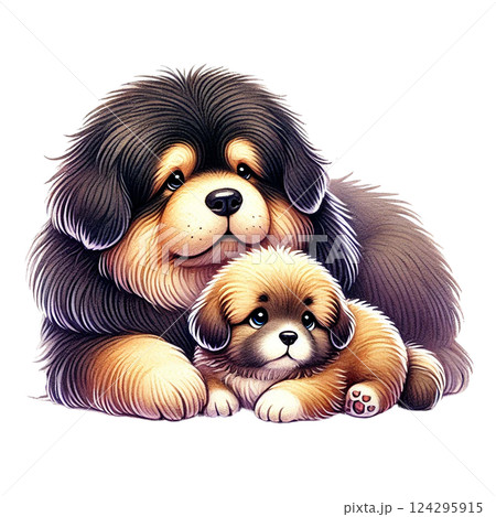 A loving dog and puppy cuddling together, showcasing their bond. Animal cartoon. 124295915