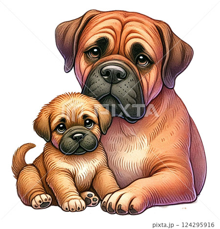 A loving dog and puppy duo, showcasing their strong bond. Animal cartoon. 124295916