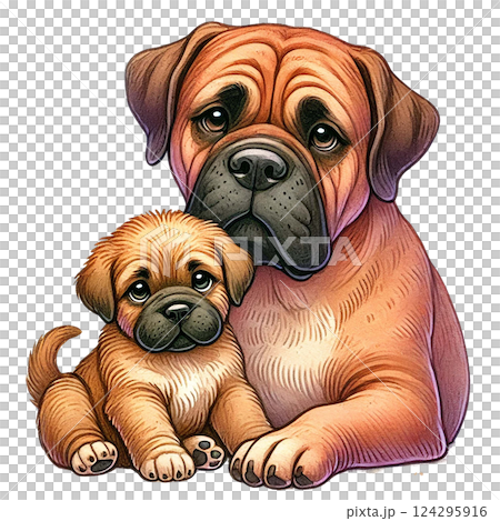 A loving dog and puppy duo, showcasing their strong bond. Animal cartoon. 124295916