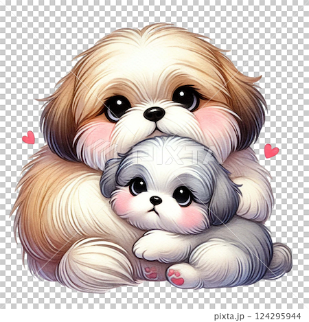 Two adorable, fluffy puppies cuddling together in a sweet moment. Animal cartoon. 124295944