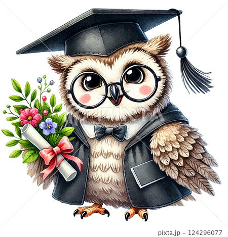 A cute owl wearing a graduation cap and holding flowers. Animal cartoon character. 124296077